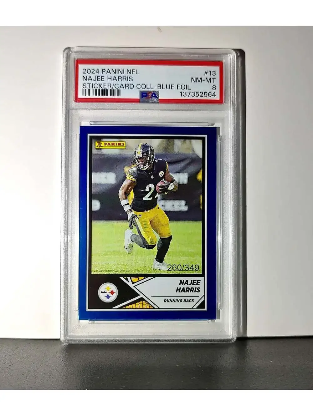 Najee Harris 2024 Panini Sticker Collection 260/349 #13 Blue Foil PSA 8 NM-MT